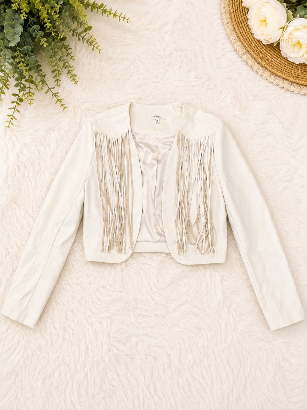 White Fringe Leather Jacket — Women's Cropped Jacket